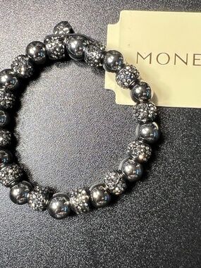 Monet Gunmetal Metallic Beads & Pave Crystal Beaded Stretch Bracelet NWT